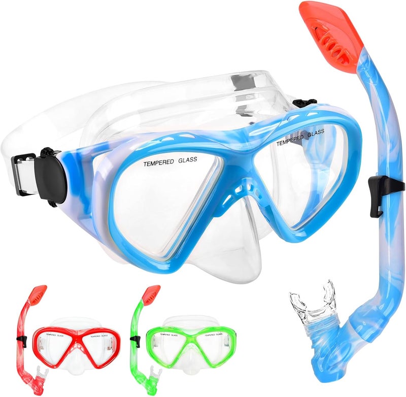 ACQCES Kids Snorkel Set Dry Top Snorkeling Gear for Kids Youth Boys Girls Junior Age 5-15,Tempered Glass Swimming Diving Mask and Snorkel Set 180 Degree Panoramic View - Image 1